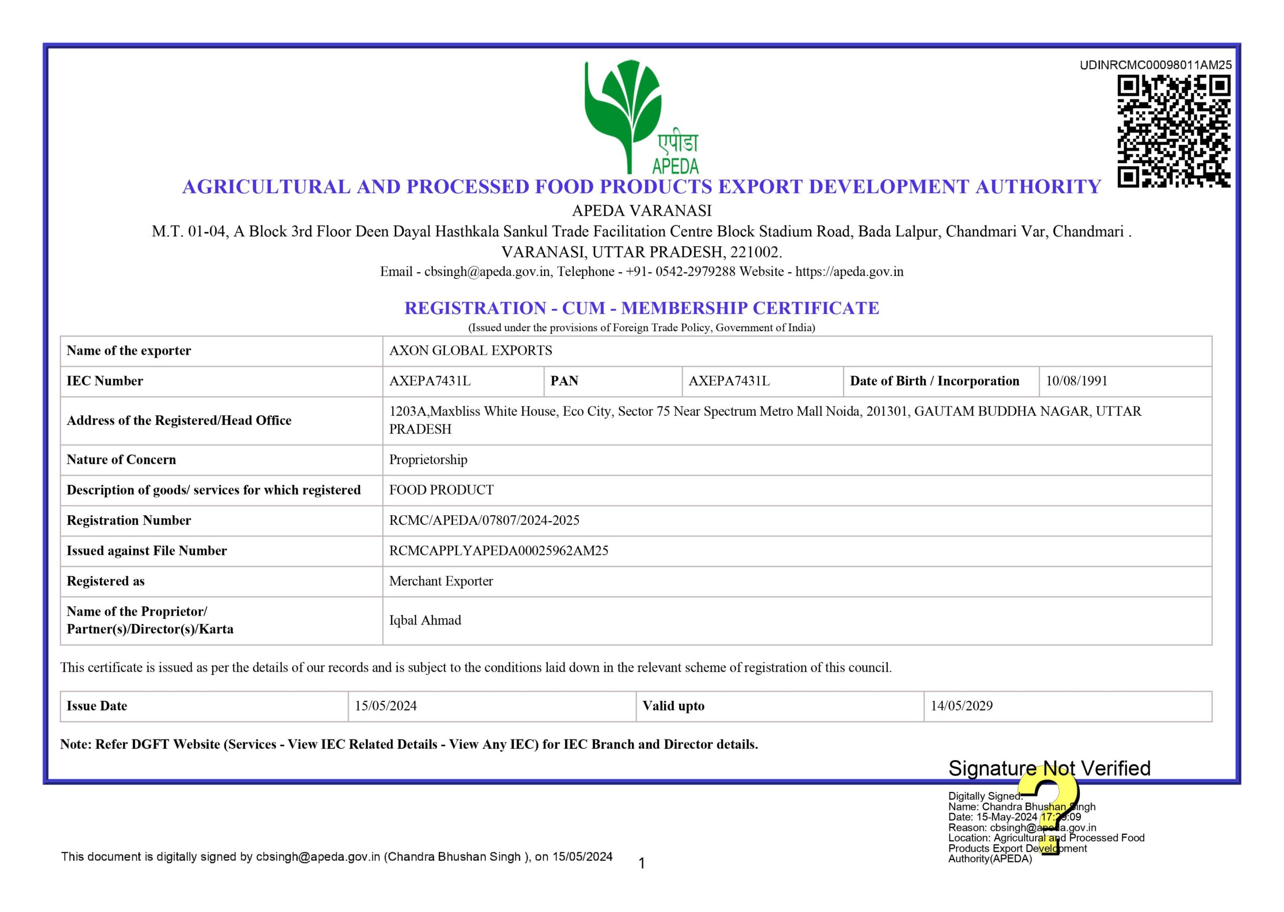 RCMC APEDA Certificate